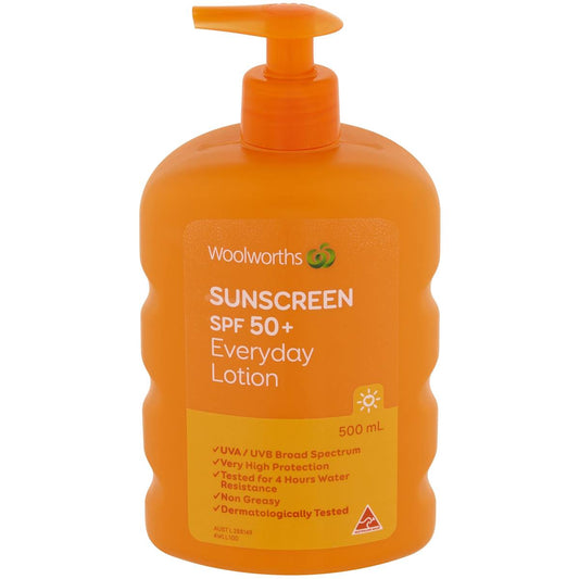 Woolworths Sunscreen Spf 50+ 500ml Made in  Australia imported from Australia.